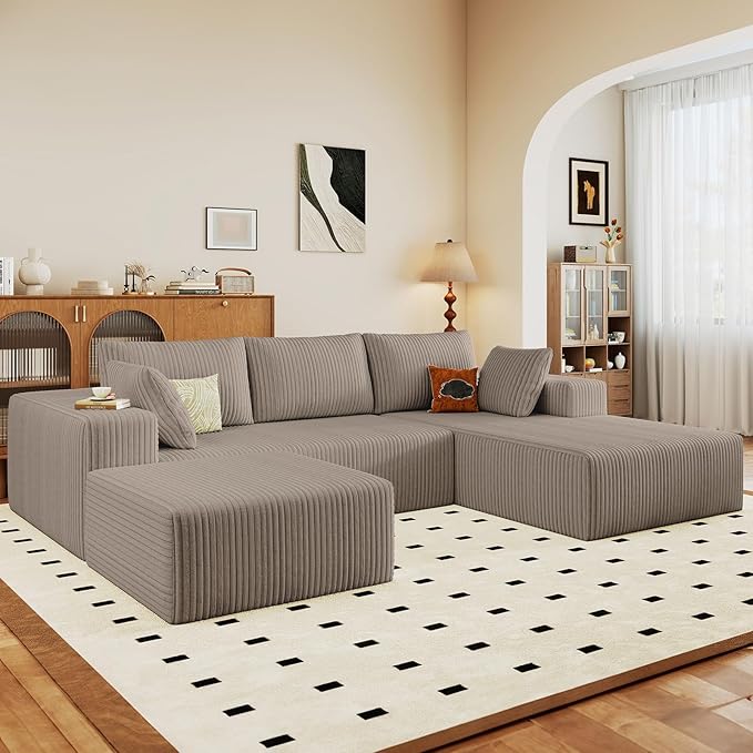 96" W Cloud Sectional Couch with Ottoman,Modern U-Shaped Cloud Couch with Deep Seat,Comfy Corduroy 3-Seater Sofa,Memory Foam Sofa for Living Room,No Assembly (Camel,Right-Facing Chaise)
