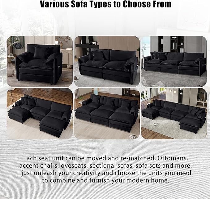 RENDGO Modular Sectional Sofa Sets,2 Pieces Chenille Sectional Loveseat Sofas,Deep Seat Comfort,4-Seater Comfy Couch for Living Rooms & Apartment, Guest Rooms,Black