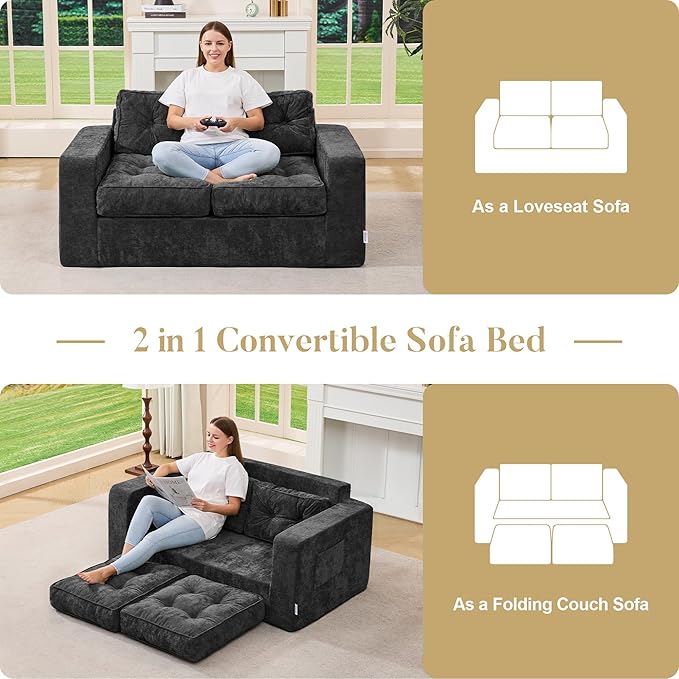Hobestluk Sofa Couch Loveseat Sofa with Chenille Fabric 2-Seater Sofa for Small Spaces Comfortable Foam Floor Sofa 2 in 1 Boneless Couch for Living Room Bedroom Apartment or Office (Grey, Loveseat)