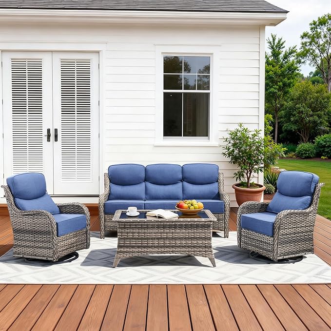 Pugire Luxury High Back Patio Furniture Set with 6-Inch Thick Cushions, 4-Pieces Outdoor Furniture with Swivel Chairs, Wicker Conversation Set for Porch, Balcony, Deck and Yard, Grey/Blue