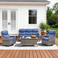 Pugire Luxury High Back Patio Furniture Set with 6-Inch Thick Cushions, 4-Pieces Outdoor Furniture with Swivel Chairs, Wicker Conversation Set for Porch, Balcony, Deck and Yard, Grey/Blue