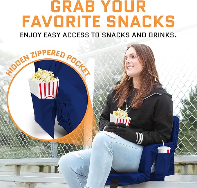 Heated Stadium Seats for Bleachers with Back Support – USB Battery Included - Upgraded 3 Levels of Heat - Foldable Chair - 4 Pockets for Snacks, Cup Holder - for Camping, Games & Sports (Navy Blue)