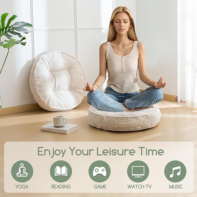 Washable Floor Pillow Cushion for Adults, Meditation Cushion Pillow, Large Round Floor Sitting, Removable Tufted Corduroy Cover, for Tatami Living Room or Yoga, 22x22 Inch, 2Pack, Machine Washable