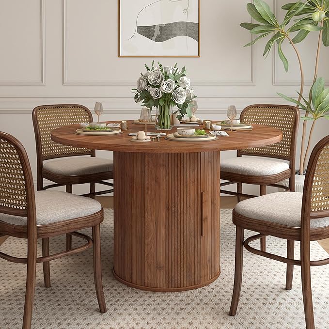 weselon 47 inch Round Dining Table for 4, Kitchen Table Dinner Table with 2-Layer Storage Shelf and Wood Slide Door for Home Dining Room Living Room (Walnut)