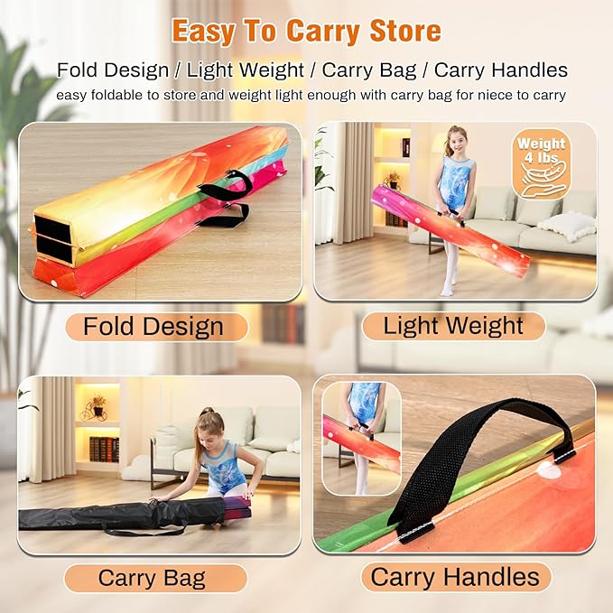 MARFULA 6 FT / 8 FT / 9 FT Folding Gymnastics Beam Foam Balance Floor Beam - Extra Firm - Suede Cover - Anti Slip Bottom with Carry Bag for Kids/Adults Home Use