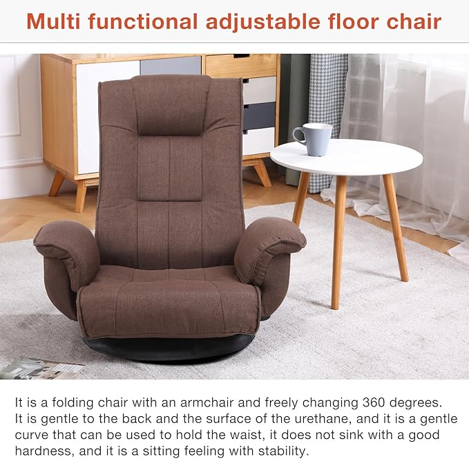 Ergonomic Swivel Floor Gaming Chair with Armrests & Side Pockets, 6-Position Reclining Sofa Bed, Foldable Padded Lounger with Thick Cushion & Lumbar Support for Esports, Reading, TV Watching (Brown)