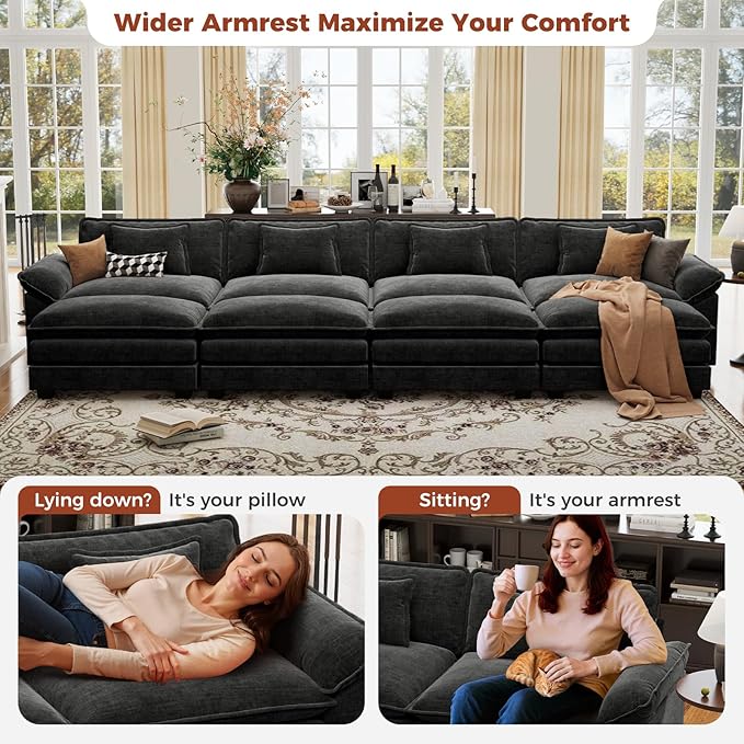 CDCASA 154" Oversized Modular Sectional Sofa Bed, Comfy Cloud Couch w/ 4 Ottoman, 8-Seater Chenille Deep Seat Sofa Bed Modern Sofa Couch for Living Room, Bedroom, Apartment, Office, Black