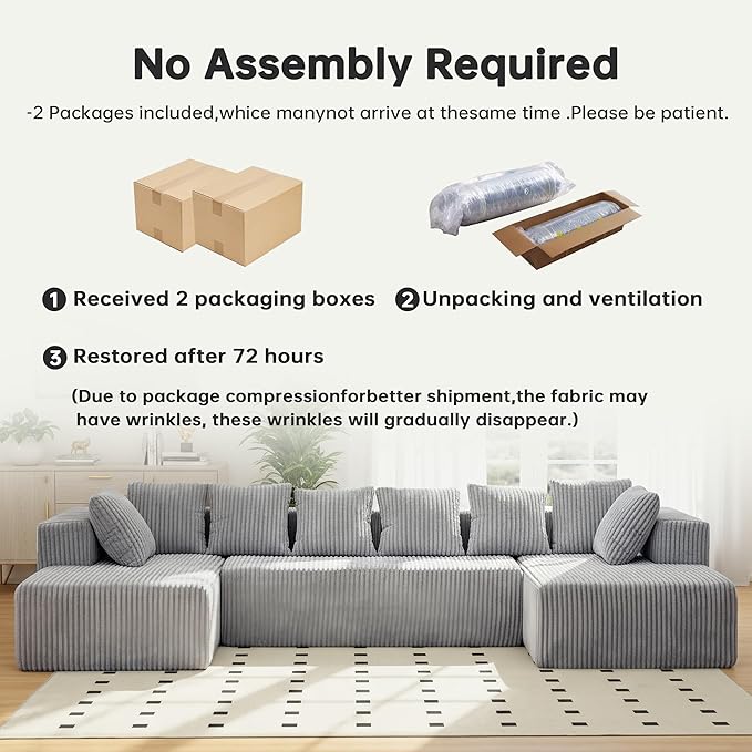130" Boneless Couch, Cloud Couch Sectional, Corduroy Sofa for Living Room, U Shaped Modular Sofa with Chaise, No Assembly, 4 Seats Oversized (Grey)