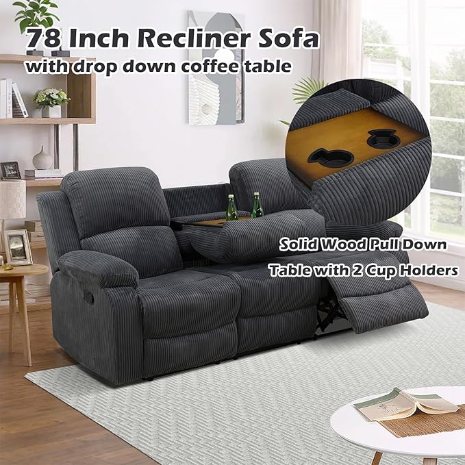 SIENWIEY Manual Recliner Sectional Sofa for Living Room,L Shaped Reclining Sectional Corner Couch with Sofa,Gray Corduroy Recliner Sofa Set with Storage Console/Drop Down Coffee Table/Cup Holders