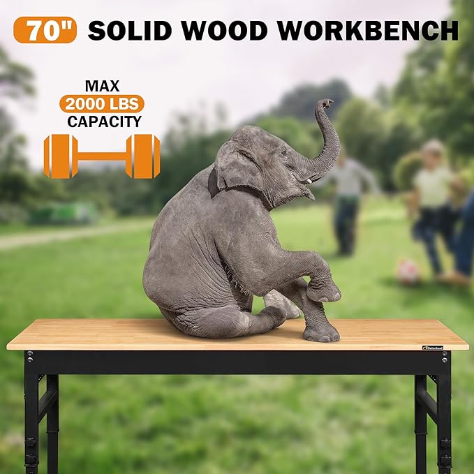 Betterhood 70" Adjustable Workbench on Wheels, 2000 LBS Heavy Duty Work Table with Power Outlets & Pegboard, Rubber Wood Workstation for Garage, Workshop, Office, Home, Commercial