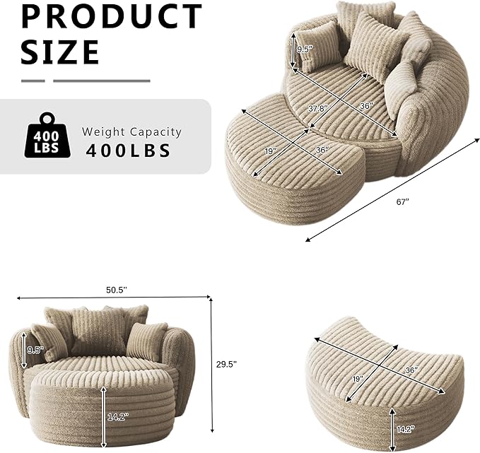 Oversized Chaise Lounge Chair Indoor with Ottoman 50.5" W x 67.0" D Round Soft Corduroy Comfy Oversized Reading Chair with 5 Pillows for Living, Reading Room - Camel
