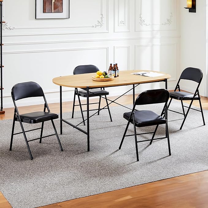 Sweetcrispy Folding Chair 8 Pack, Leather Padded Folding Chairs, Sturdy Metal Foldable Chairs, Easy to Use and Store, Outdoor and Indoor, for Home, Office, Party, Comfy, Black