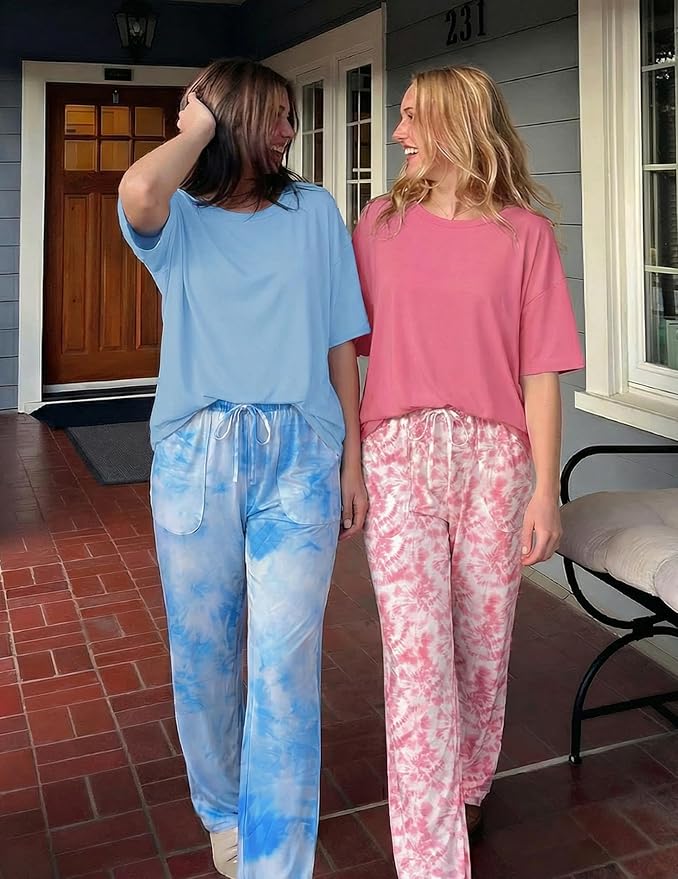 Ekouaer 2 Pack Womens Pajama Sets Short Sleeve Tops and Long Pants Casual Comfy Pjs Lounge Set with Pockets,S-XXL
