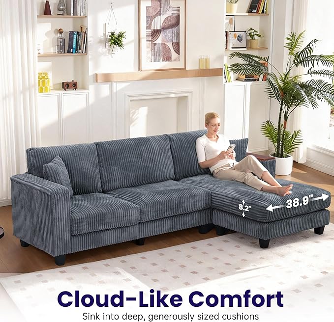 FurniMix 4-Seat Corduroy Sectional Sofa with Swappable Chaise, Soft Upholstery, Wide Seats & Armrest Storage,Gray