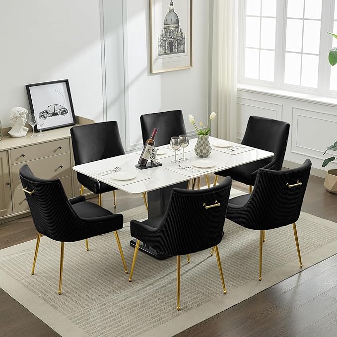 WUTUTUEE Velvet Dining Chairs Set of 2 Gold Legs,Upholstered Velvet Accent Chairs, Pleated Back Design & Gold Pull Handle, Mid Century Modern Chairs for Dining/Kitchen/Living Room,Black