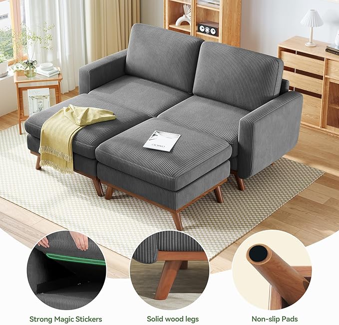 Vesgantti 68" Loveseat Sofa with Movable Ottoman, Comfy Corduroy Couch with Spring Cushion, Sofa Couch with Solid Wood, Modern Office Sofa with Deep Seat for Living Room and Bedroom, Dark Gray