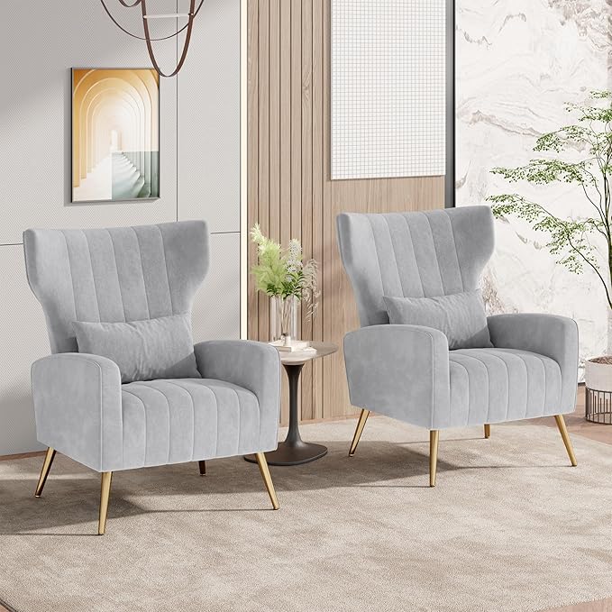 Nalupatio Modern Accent Chairs for Set of 2 Upholstered Velvet Fabric Reading Chair Mid Century Arm Chair Comfy Armchair for Living Room,Light Gray