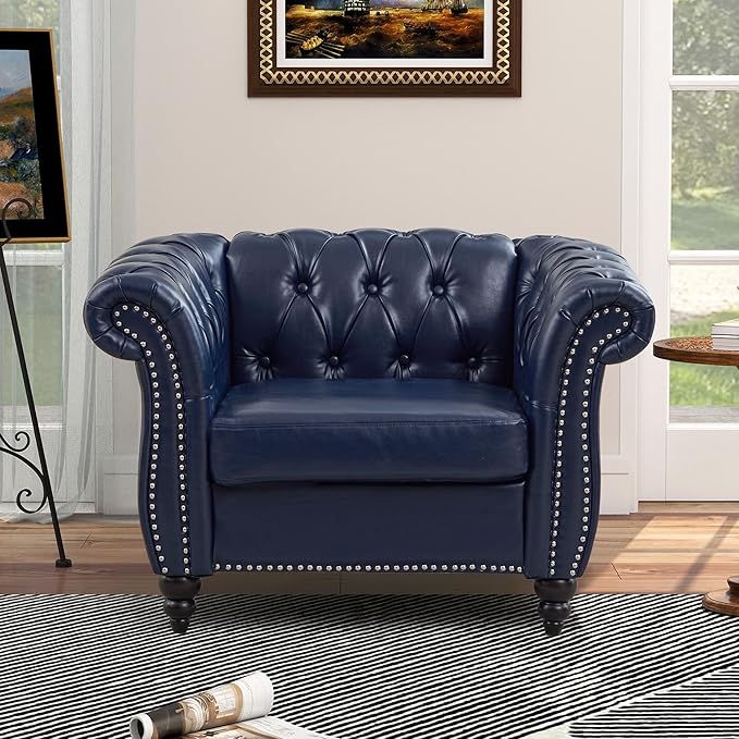 QHITTY Accent Chair, Chesterfield Chair Modern Leather Upholstered Chair with Tufted Back for Living Room Furniture (Blue)