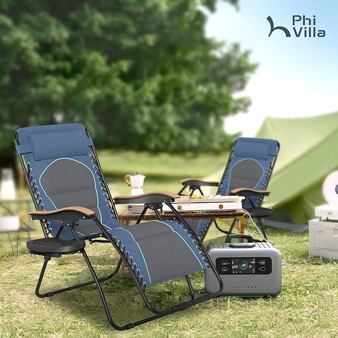 PHI VILLA XXL Oversized Padded Zero Gravity Chair Set of 2, Foldable Patio Recliner, 30" Wide Seat Anti Gravity Lounger with Armrest and Cup Holder, Support 400 LBS (Blue Accents)