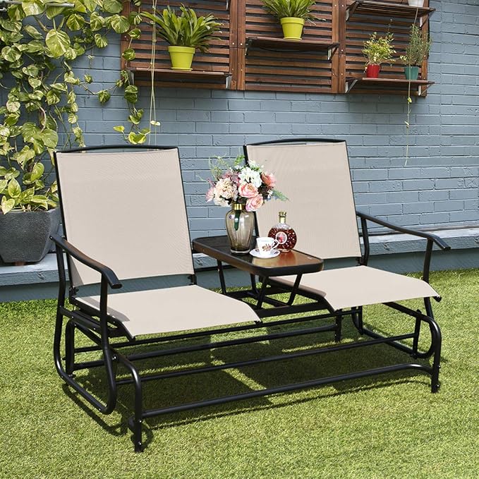 Giantex Patio Bench Glider Chair with Metal Frame, Center Tempered Glass Table, Outside Double Rocking Swing Loveseat for Porch, Garden, Poolside, Balcony, Lawn Rocker Outdoor Glider Bench(Beige)