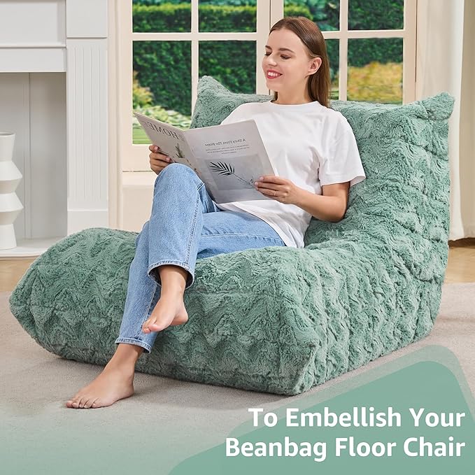 Bean Bag Chairs for Adults Giant Bean Bag Chair Memory Foam BeanBag Chair Bean Bag Sofa with Filler Faux Fur Fireside Beanbags Lazy Sofa for Living Room Bedroom Office (Green Chevron, Single)