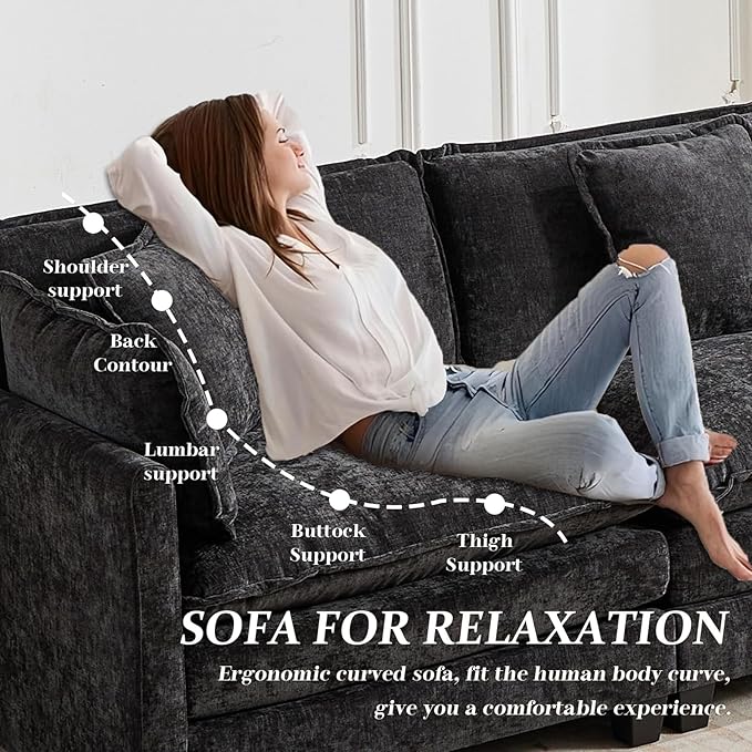 SoarFlash 149.61" Chenille Sectional Sofa, Comfy L Shaped Modular Coush Sofa with Ottoman, Modern 4 Seat Couch Deep Seat Sofa Set for Living Room,Black