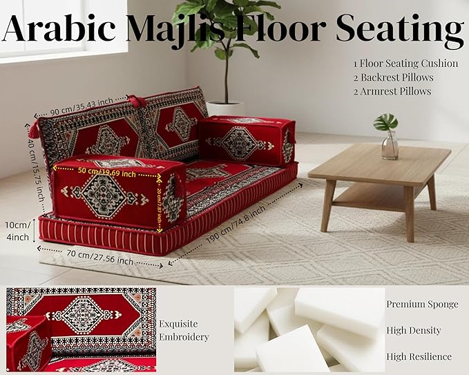 Arabic Majlis Floor Seating Set, Arabic Majlis, Turkish Sofa, Floor Cushions, Seating Cushions, Moroccan Home Decoration, Moroccan Terrace Pallet Sofas, Sectional Sofas, Red