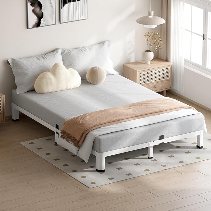 VIPSHOW 4 Inch White King Size Bed Frame, 3500Lbs Heavy Duty Metal Platform with Round Corner Legs Mattress Slide Stopper, Steel Slat Support No Box Spring Needed, Noise Free, Non-Slip, Easy Assembly