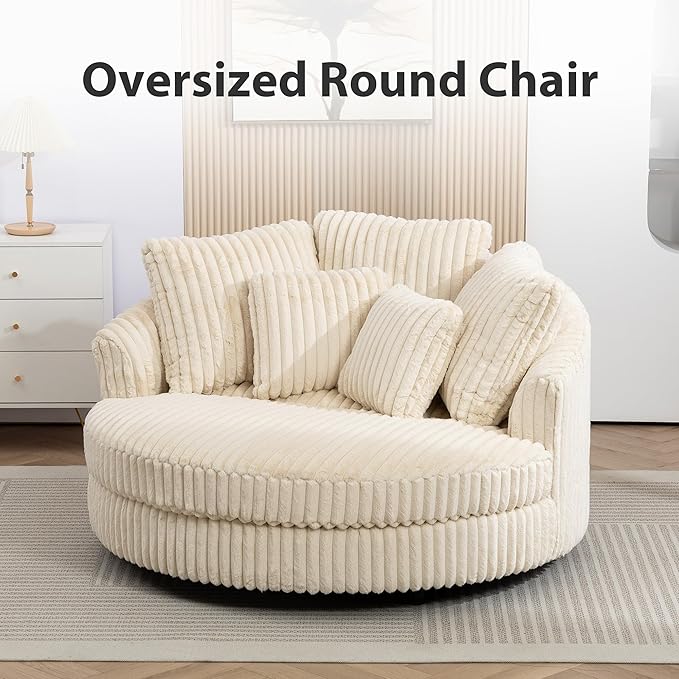 Chifee & Vingol 59.8" W Oversized Accent Round Chair Large Barrel Chair with Wheels & 5 Pillows, Faux Fur Fabric - Beige
