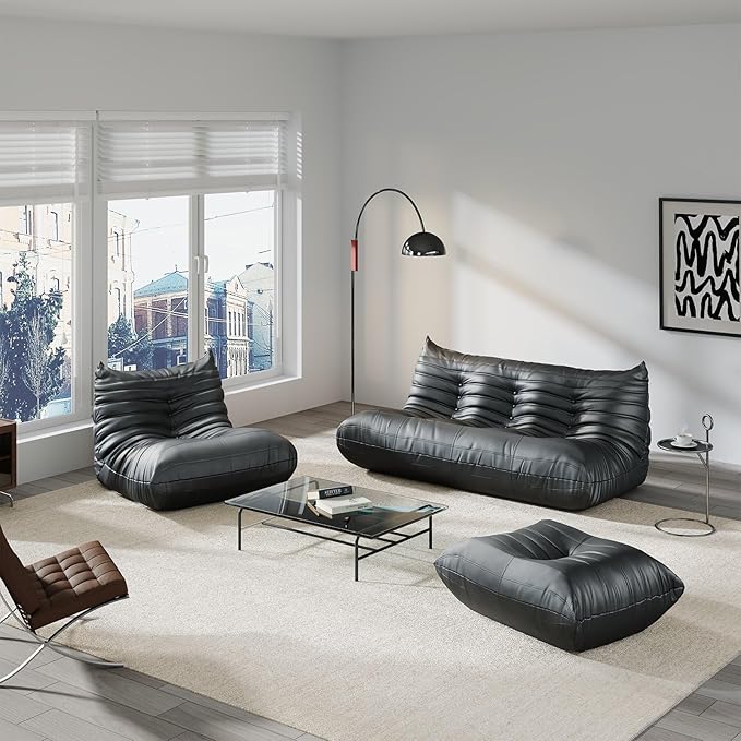 Comfy Lazy Floor Sofa Couch,Soft Armless Chair,Faux Leather Lounge Chair,Corner Relax Sofa Couch for Living Room Bedroom,Salon Office,Adults((Black+3P+1P+ Ottoman)