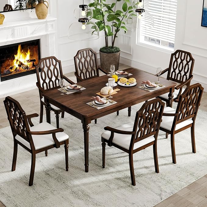 chairus Farmhouse Dining Chairs Set of 6, French Country Vintage Wooden Dining Room Chairs with Arm, Lattice Back & Turned Legs, Rustic Chenille Upholstered Nailhead Trim Kitchen Chairs, Walnut Brown
