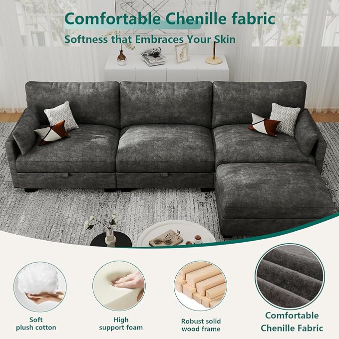 Modular Sectional L Shaped Sofa Couches for Living Room, Cloud Couch with Storage Ottoman, Comfy Chenille Sofa with Pillow, Dark Gray