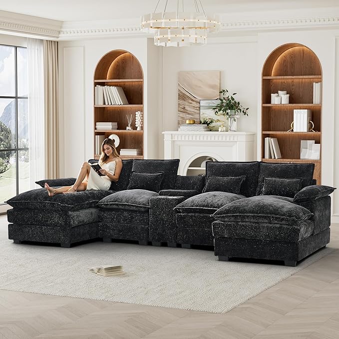 HYJT-H&K 124" U Shaped Cloud Couch Sectional, Comfy Fluffy Chenille Black Sectional Couches for Living Room, Modern Modular Sectionals Sofa with Central Console Double Chaise Lounge Black Grey
