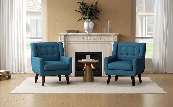 Accent Chairs Set of 2, Mid-Century Modern Upholstered Living Room Armchair, Comfy Linen Fabric Single Reading Arm Chair with Tufted Back and Wood Legs for Bedroom, Club (2, Dark Teal)