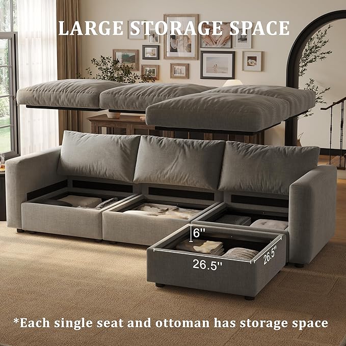 Cloud Modular Sectional Sofa Couch with Storage Ottoman, 99" Oversized Sectional Couches for Living Room, Cloud Modular L-Shaped Sofa with Chaise, 6 Seater, Chenille, Light Gray