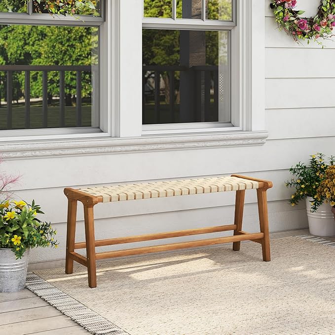 Tangkula Teak Wood Outdoor Bench, Patio Backless Wooden Dining Bench with Weave Seat, Solid Wood Legs, Indoor & Outdoor Wooden Bench for Porch, Backyard, Deck, Entryway (Natural,1)