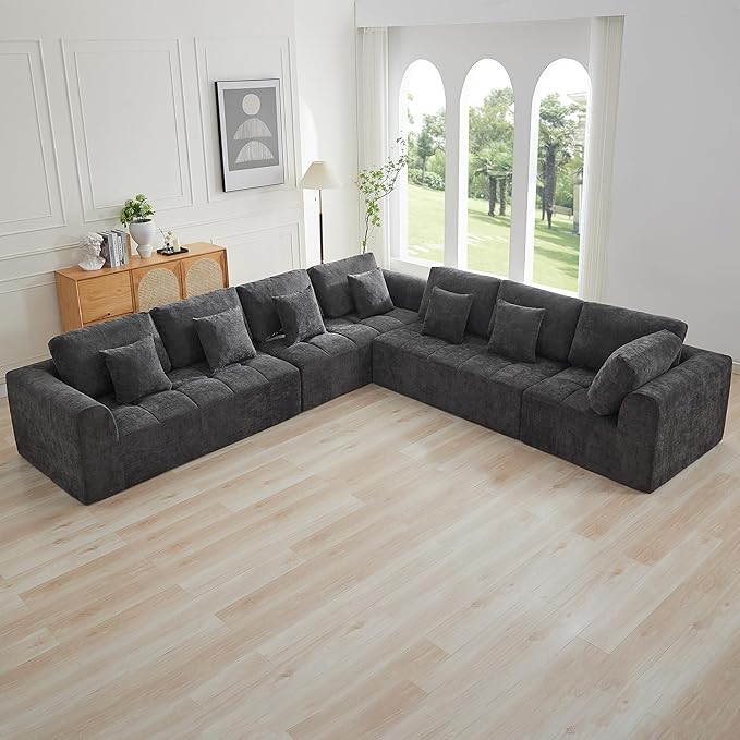 140''Cloud Boneless Couches for Living Room, Modular Sectional Compressed Sectional Sofa, Oversized L Shaped 7 Seater Upholstered Memory Foam Sofa, No Assembly, Chenille Grey