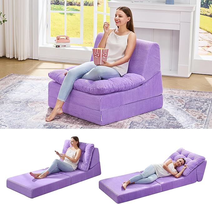 Hobestluk Sofa Couch Folding Sofa Bed Comfy Floor Lounger Convertible Sofa with Removable Cushion Couches for Small Spaces Foldable Mattress for Living Room Bedroom or Office (Cordury Purple, Large)