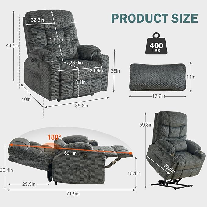CDCASA Oversized Dual Motor Lay Flat Power Lift Recliner Chair with Massage, Heat Textile Infinite Position Large Recliner Chairs for Big Men & Elderly, Lumbar Pillow, USB & Type-C Ports,2PCS, Grey