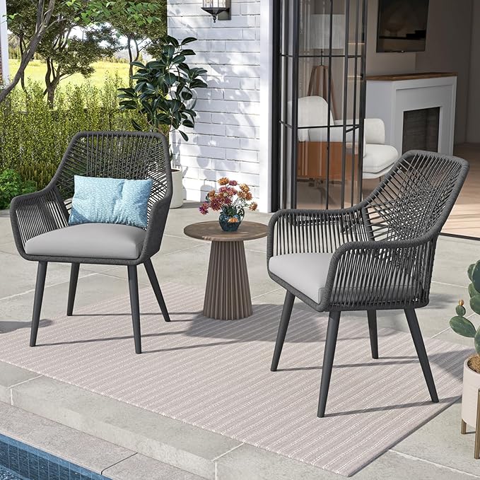 Patiorama Patio Dining Chair Set of 2, Woven Rope Outdoor Dining Chairs w/Steel Frame, All-Weather Twisted Rattan Chairs w/Armrest & Cushion, Outdoor Dining Wicker Chairs for Backyard Garden(Black)