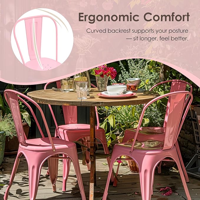 Metal Dining Chairs Set of 2,Stackable Tolix Chair Indoor/Outdoor for Kitchen,Cafe,Restaurant,Bistro & Patio Multiple Colors(Pink)