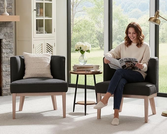 Comfy Barrel Chairs Set of 2 Mid-Century Modern Accent Chairs with Wooden Leg Upholstered Reading Chair Linen Fabric Waiting Room Round Side Chairs for Living Room Bedroom Office, Charcoal