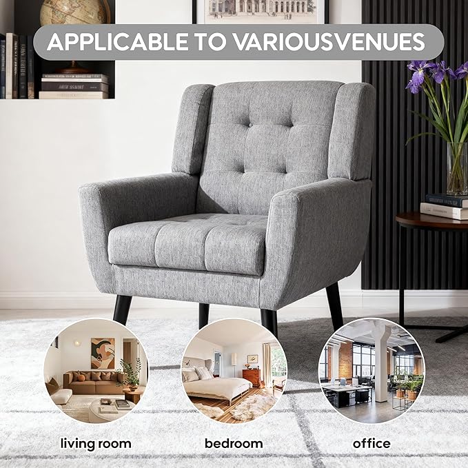 OO BY ORANGE ONLINE Linen Accent Chair, Mid-Century Modern Tufted Armchair for Living Room, Bedroom & Office (Light Gray)