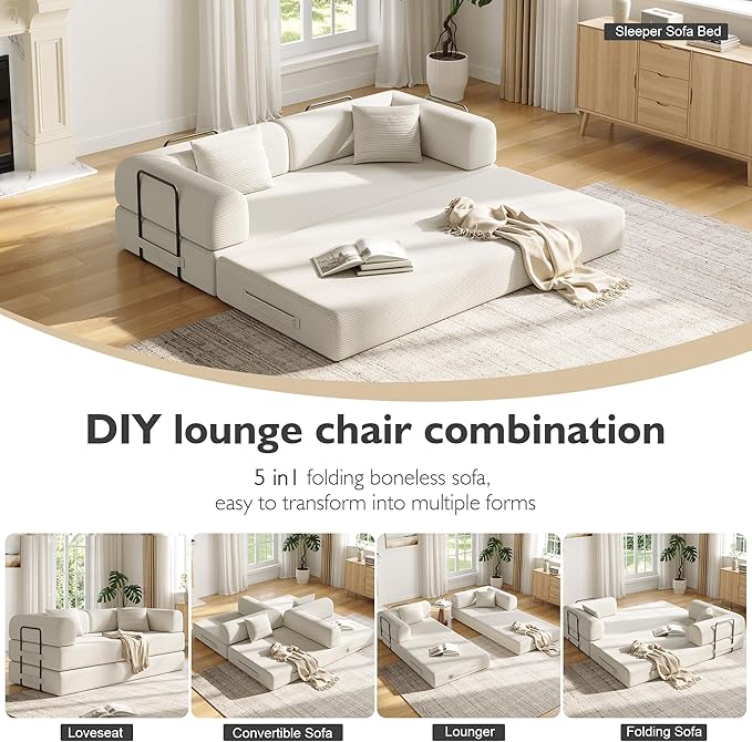 79 Inch 5-in-1 Convertible Sofa Bed, Corduroy Boneless Floor Couch with Fixed Frame & Pillow, Modular Folding Mattress Lounger for Small Space, Living Room, Bedroom - Easy Assembly(White)