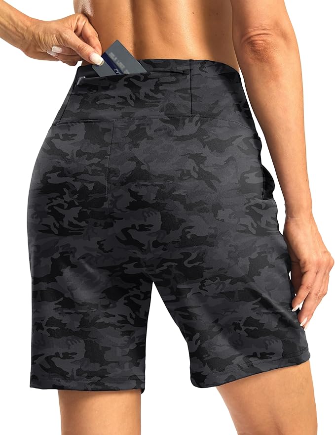 Women's Athletic Shorts with Zipper Pocket 7" High Waisted Stretchy Bermuda Shorts for Women Workout Running Casual