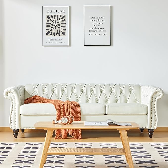 QHITTY Accent Large Sofa, Chesterfield Couch 3 Seater Modern Leather Couch Upholstered Sofa with Tufted Back for Living Room Furniture (White)