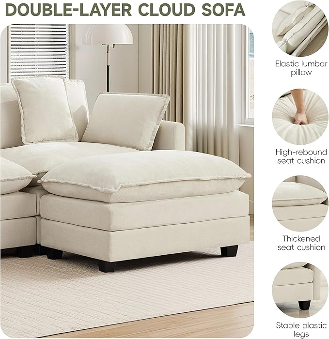 UMBFUN 4-Seater Cloud Couch with 2 Ottomans, Extra-Large Modular Sectional U Shaped Sofa with Deep Seat Cushions, Chenille Couch for Living Room, Beige
