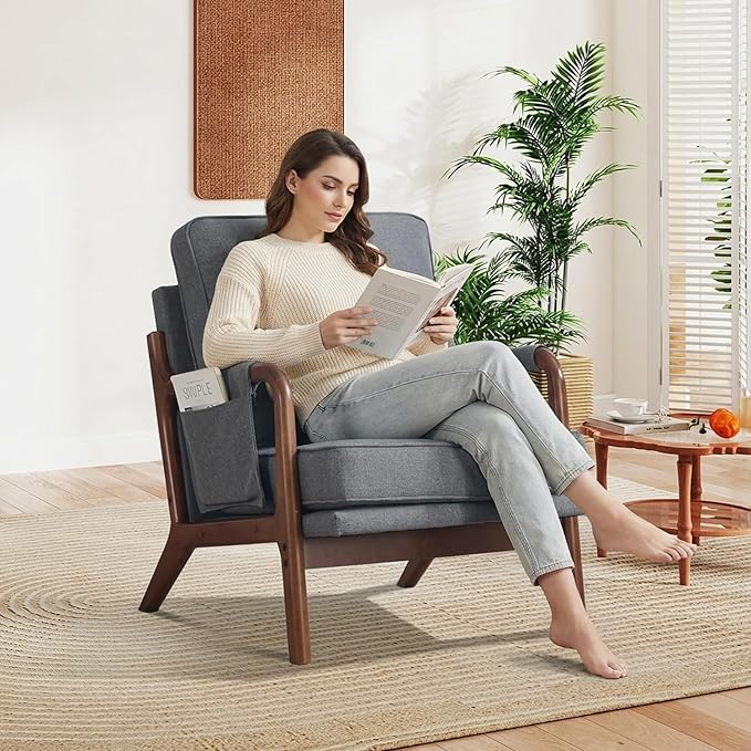 CANMOV Mid Century Modern Accent Chair with Extra Side Storage Pocket Upholstered Reading Armchair with Waist Cushion, Accent Chair for Living Room Bedroom, Easy Assembly, Grey