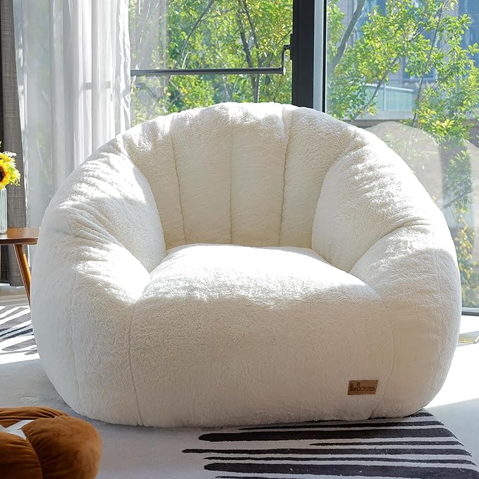 Big Bean Bag Chairs for Adults Giant Sofa with Faux Fur Shell-Shaped Beanbag Couch, Stuffed Large Bean Bag Floor Chair for Living Room, Beanbags Reading Chair for Bedroom Single Sofa(XL-White)