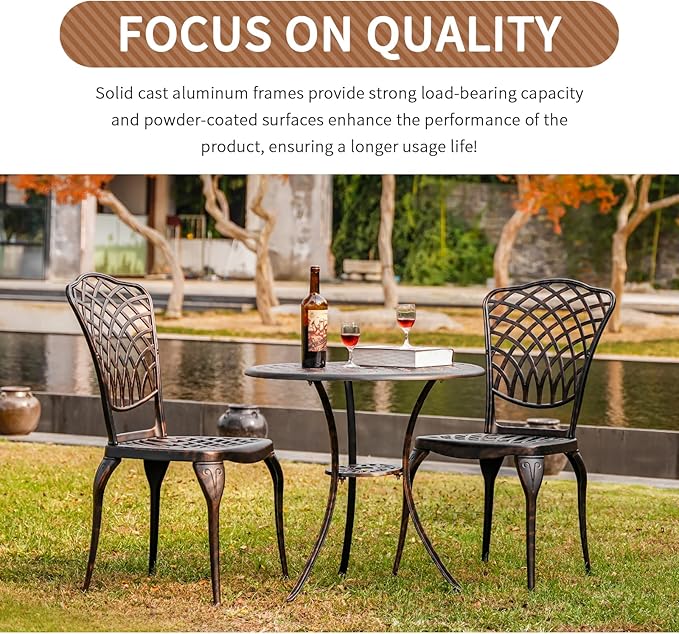 Withniture Bronze Patio Bistro Set - 3 Piece Outdoor Cast Aluminum Furniture, Large Table & Chairs, Weather Resistant, Adjustable Foot Pads, Umbrella Hole